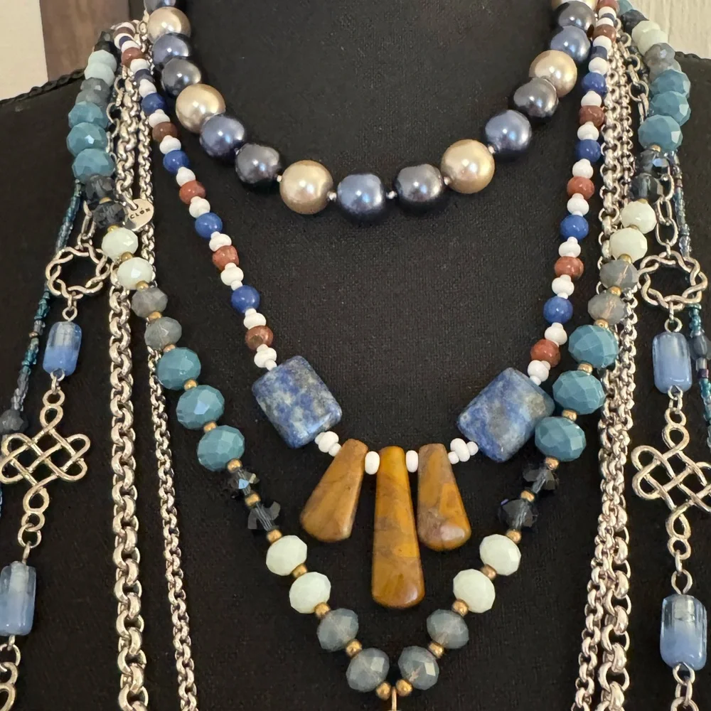 Elegant Blue and Silver Layered Necklace Set - Picture 4 of 8